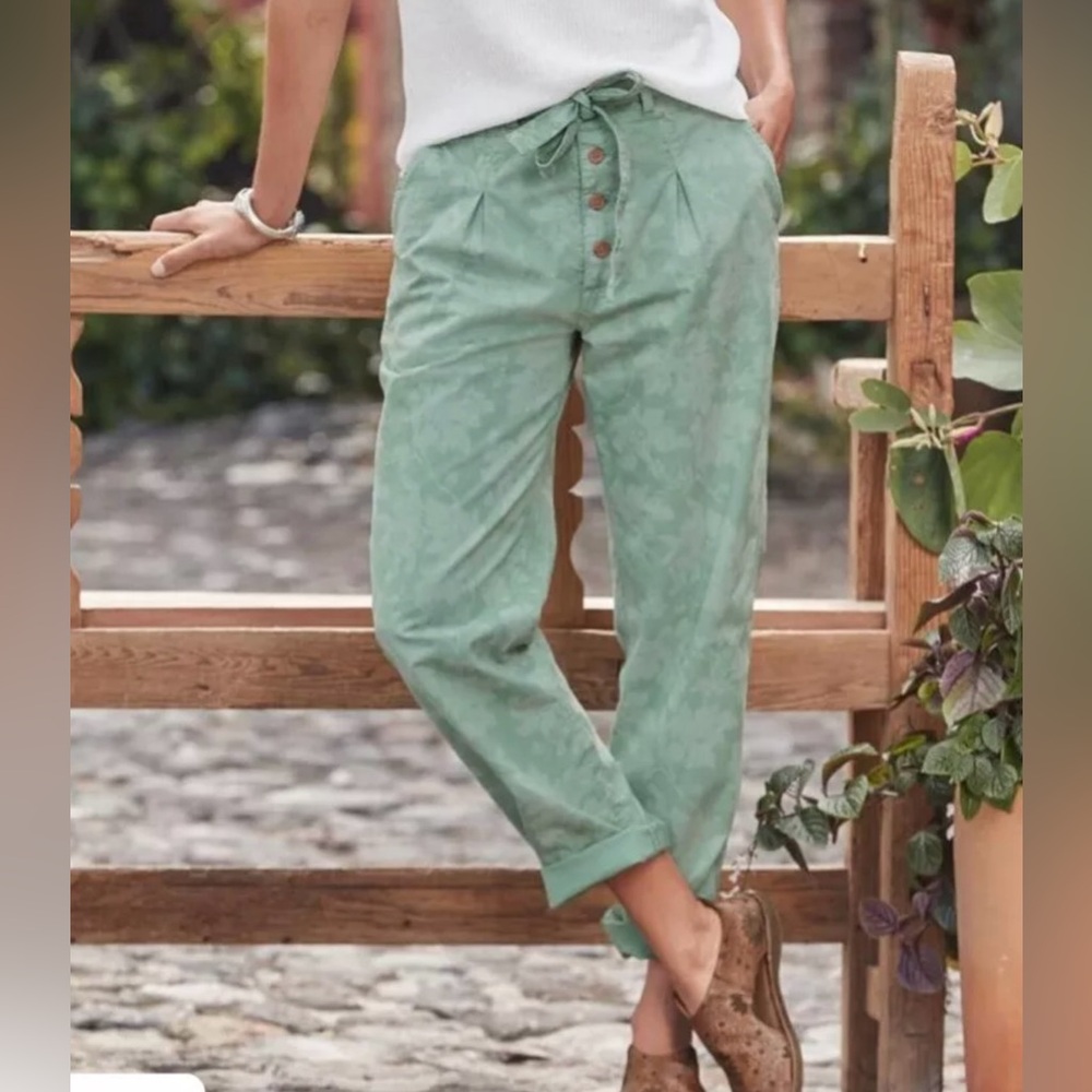 Sundance Bastille Easy Pants Size 2 Button Fly Green Floral Waist Tie Retro Boho